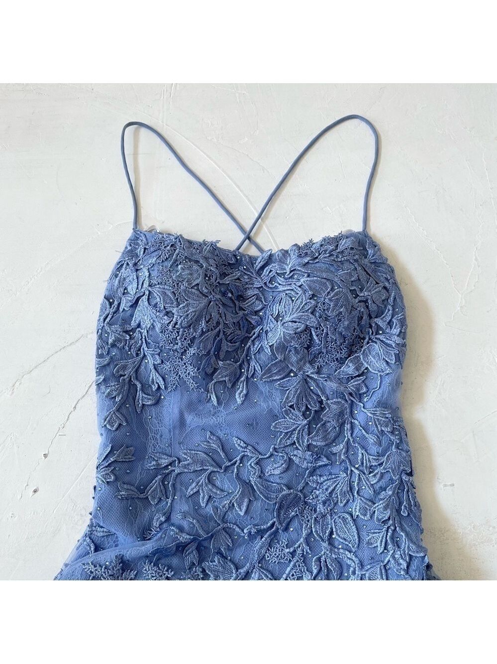 Sherri Hill Blue Lace Evening Gown Mermaid Medium Tail Prom Dress Party Size 6 - Picture 6 of 10